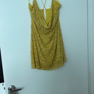 Retrofete Yellow Mich Sequin Cocktail Dress with Cowl Neck